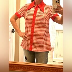VTG Houndstooth Smocked Tunic Retro Geometric Dog Ear Collard Button 60's 70's